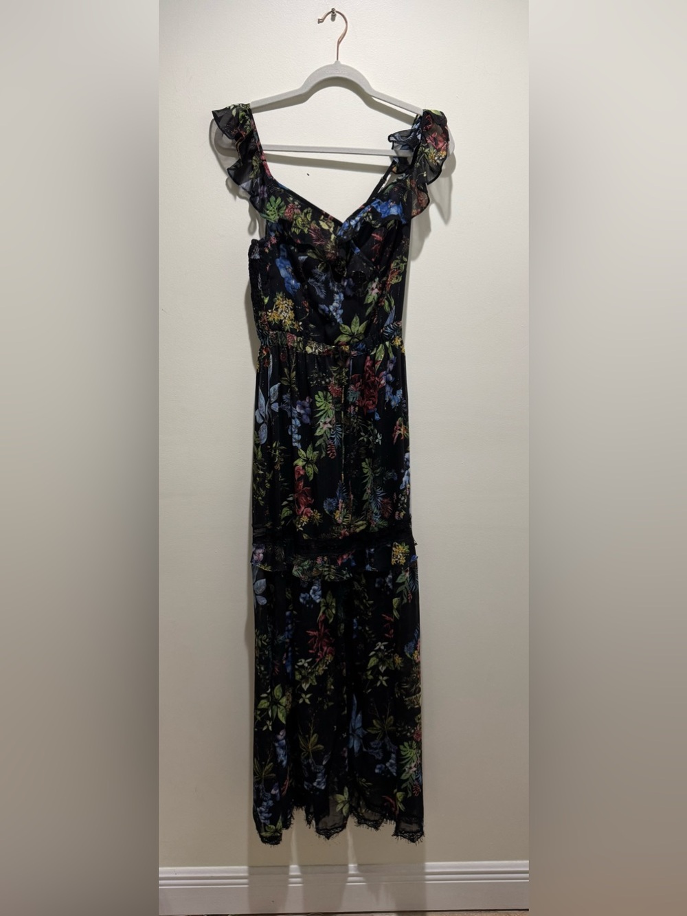 Studio F Floral Ruffle Maxi Dress Black Romantic Lace Trim Size 10